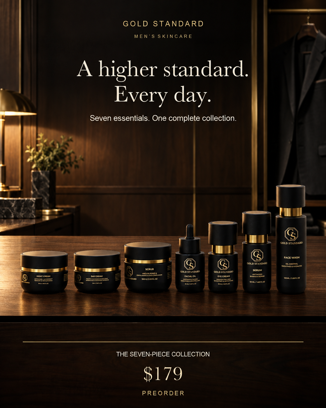 Gold Standard seven-piece skincare collection styled with warm walnut and gold accents