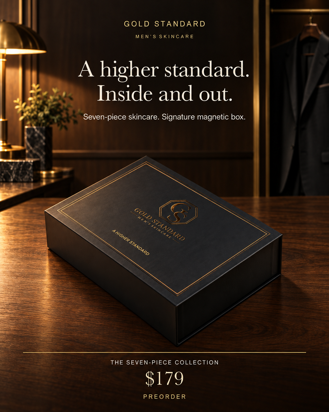 Gold Standard signature black and gold magnetic box in a refined gentleman's setting